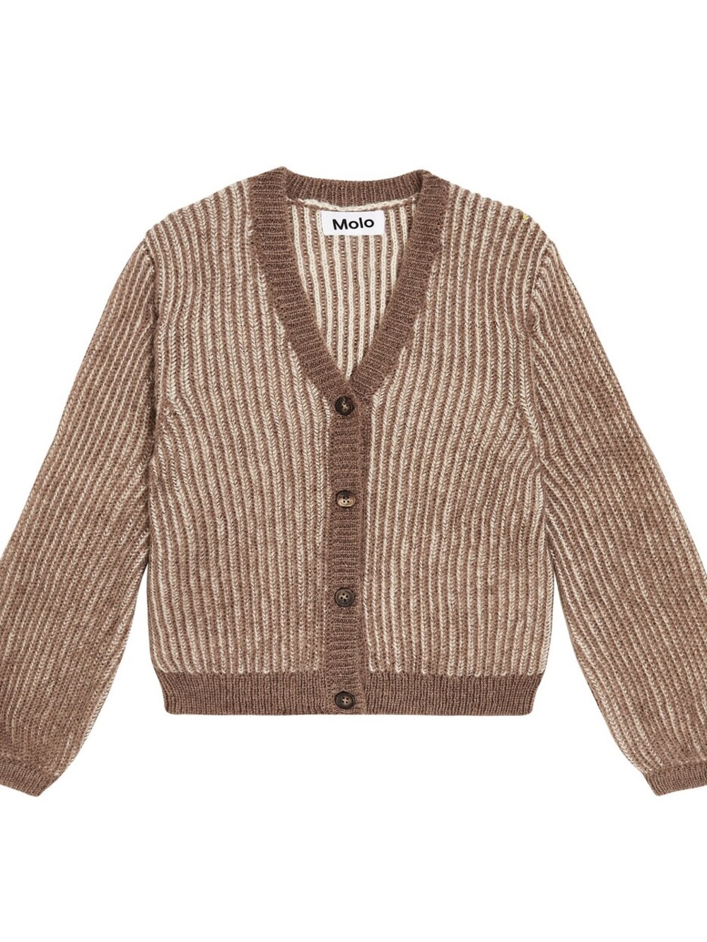 Molo Alpaca-Blend Striped Ribbed Cardigan in Taupe and Cream